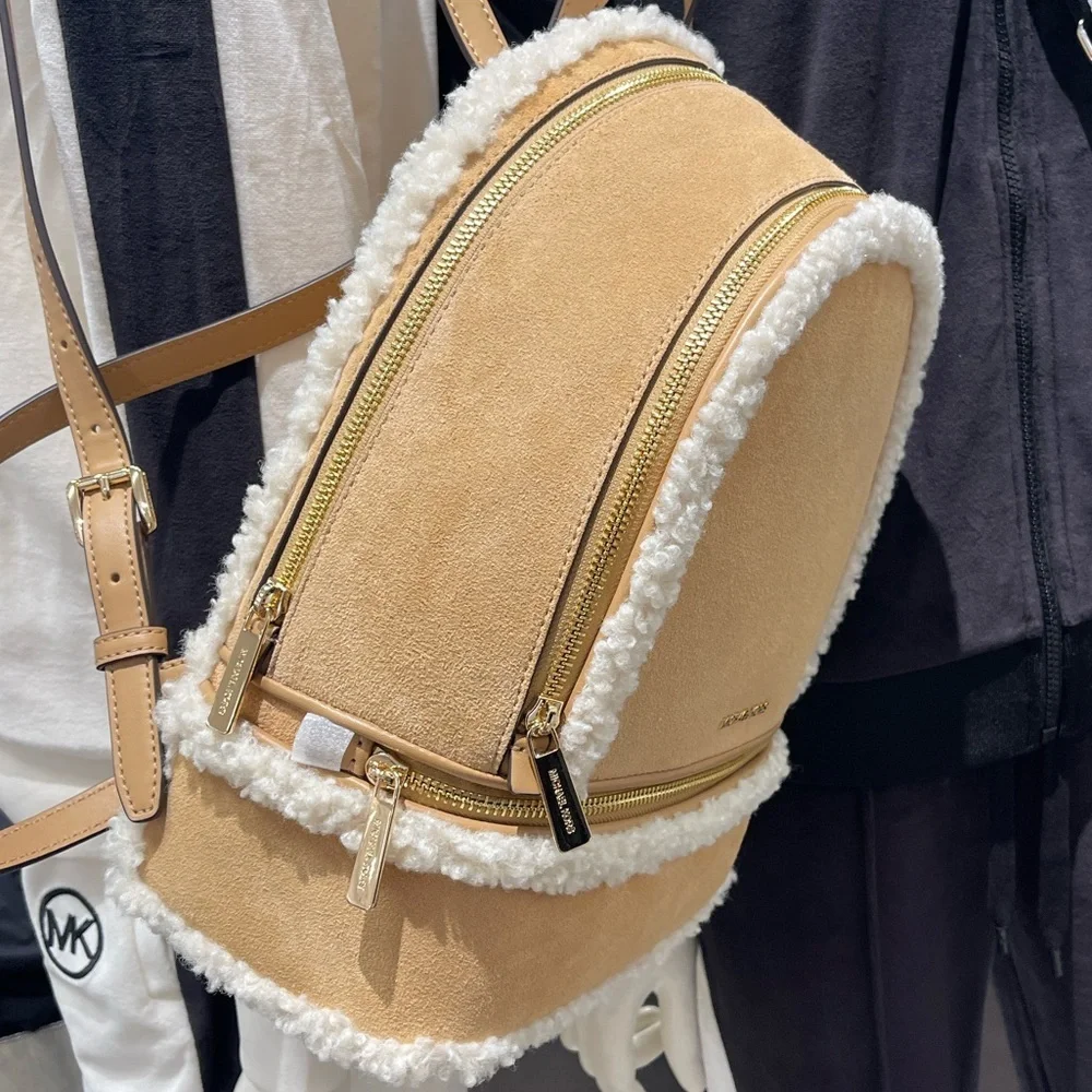 MICHAEL KORS Rhea Medium Suede and Faux Shearling Backpack Peanut  NWT